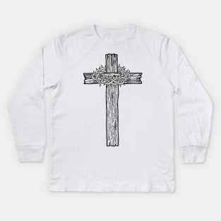 A wooden cross with a crown of thorns Kids Long Sleeve T-Shirt
